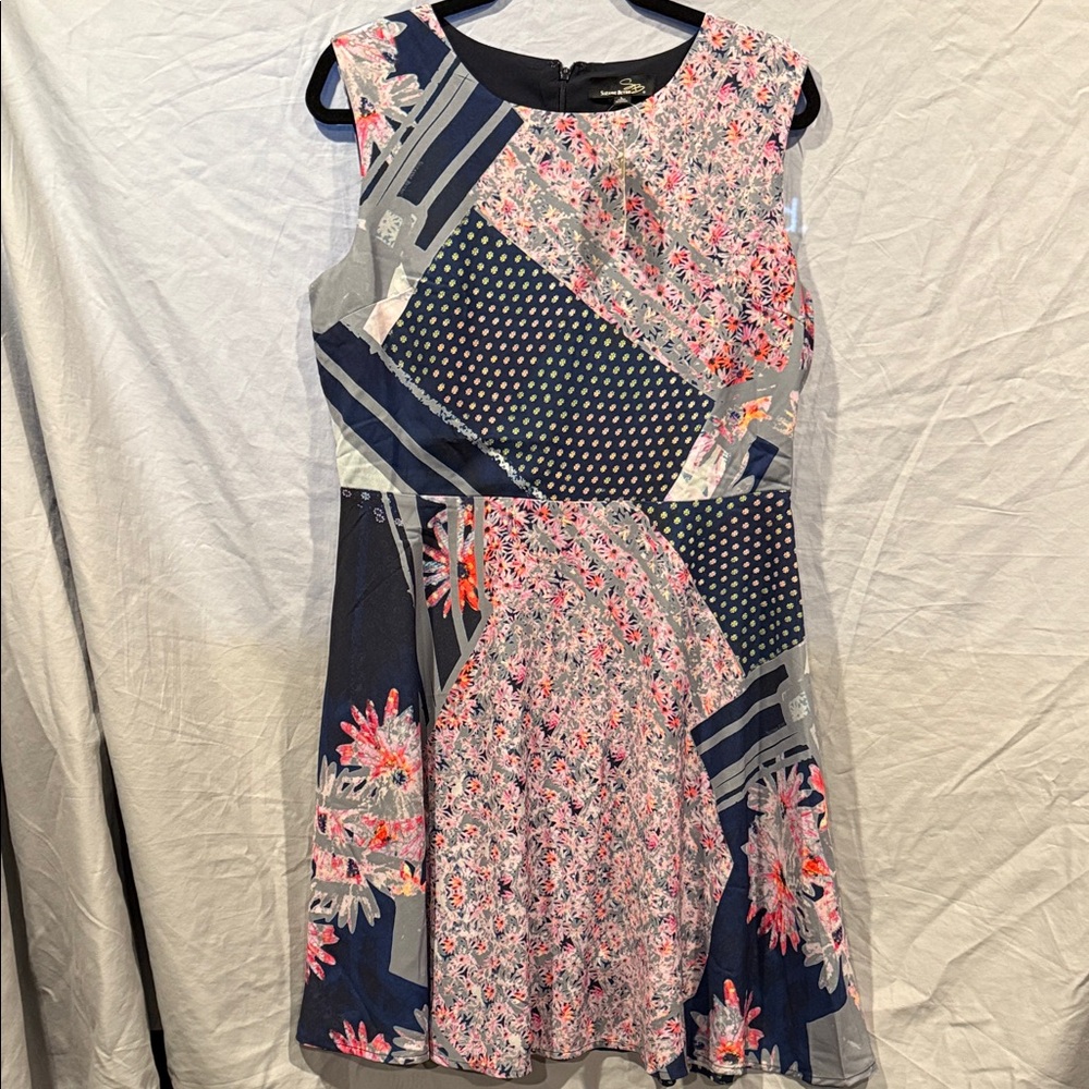 Suzanne Betro Navy and Pink Patchwork Mini Dress